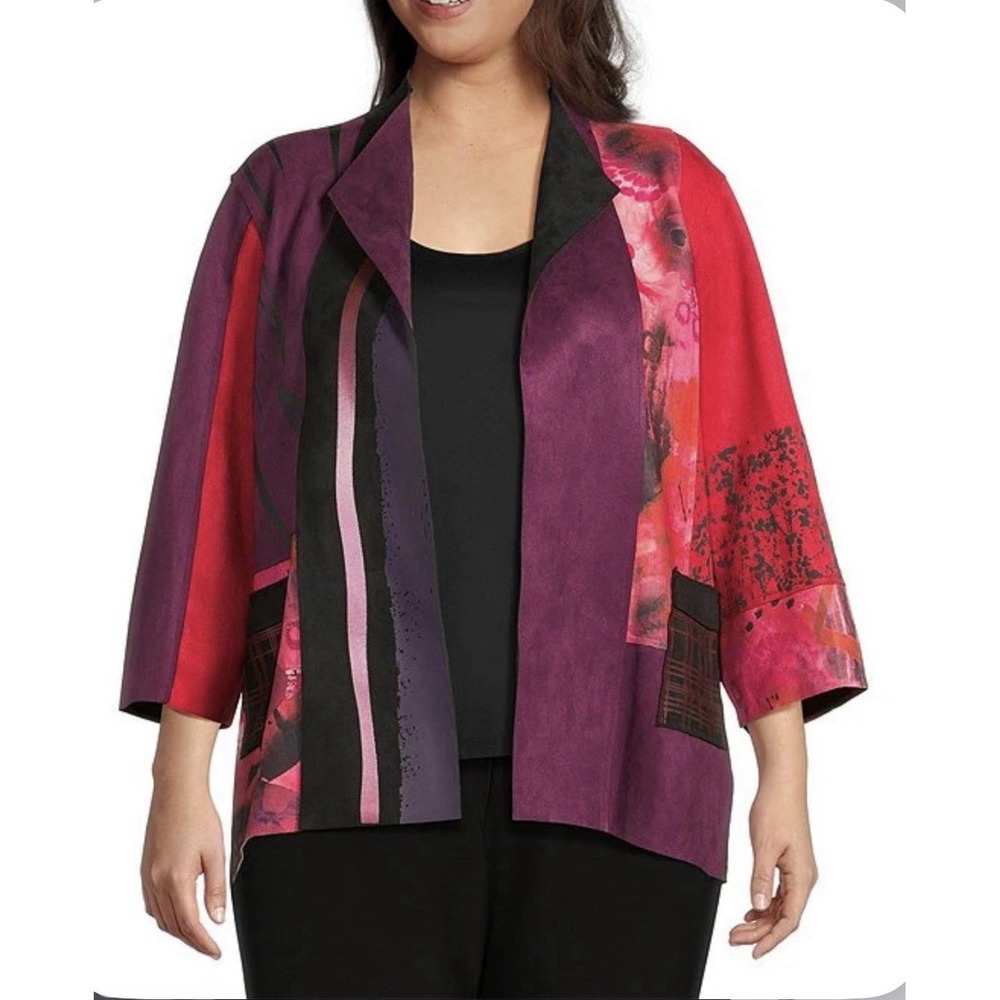 Ali Miles Lemon Grass Faux Suede Jacket 2X Art To Wear Whimsygoth Plaid Artsy